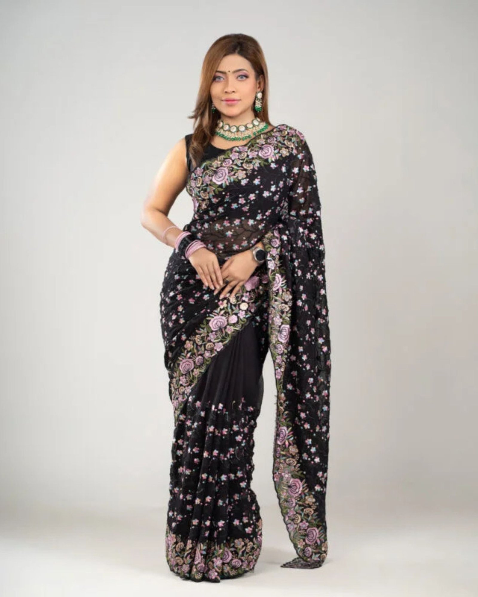 exclusive-embroidered-party-saree-in-soft-georgette-fabric-4764 সফট জর্জেট ফেব্রিকের এক্সক্লুসিভ এমব্রয়ডারি পার্টি শাড়ি - Image 1