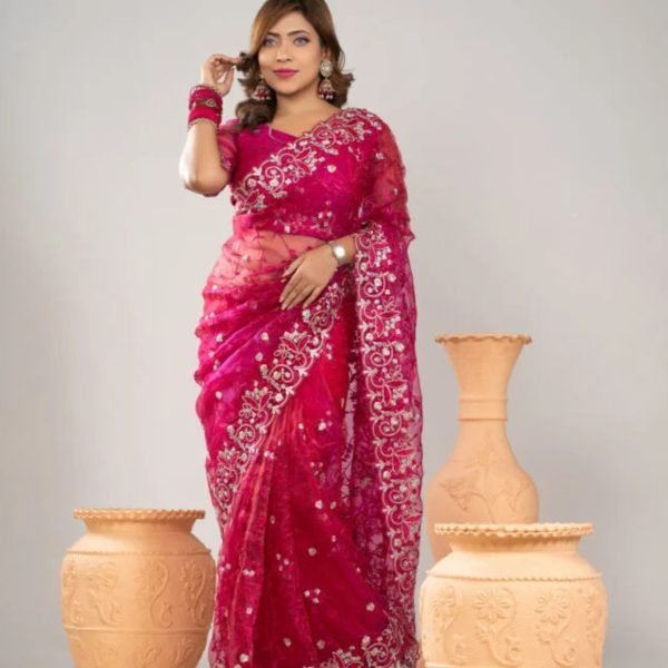 প্রিমিয়াম ইন্ডিয়ান ওয়েটলেস সফট অরগাঞ্জা শাড়ি ব্লাউজ পিস সহ